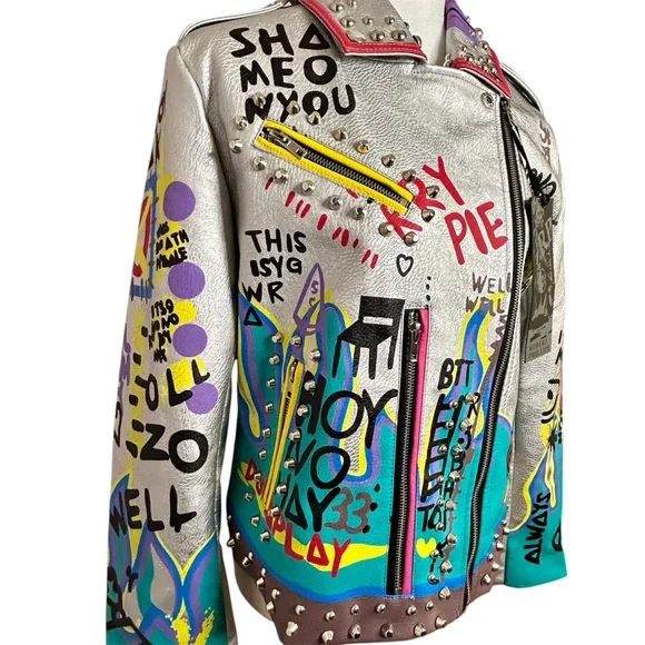 Robert Phillipe Graffiti Print Faux Leather Cropped Motorcycle Jacket Size M Stu - Picture 4 of 15